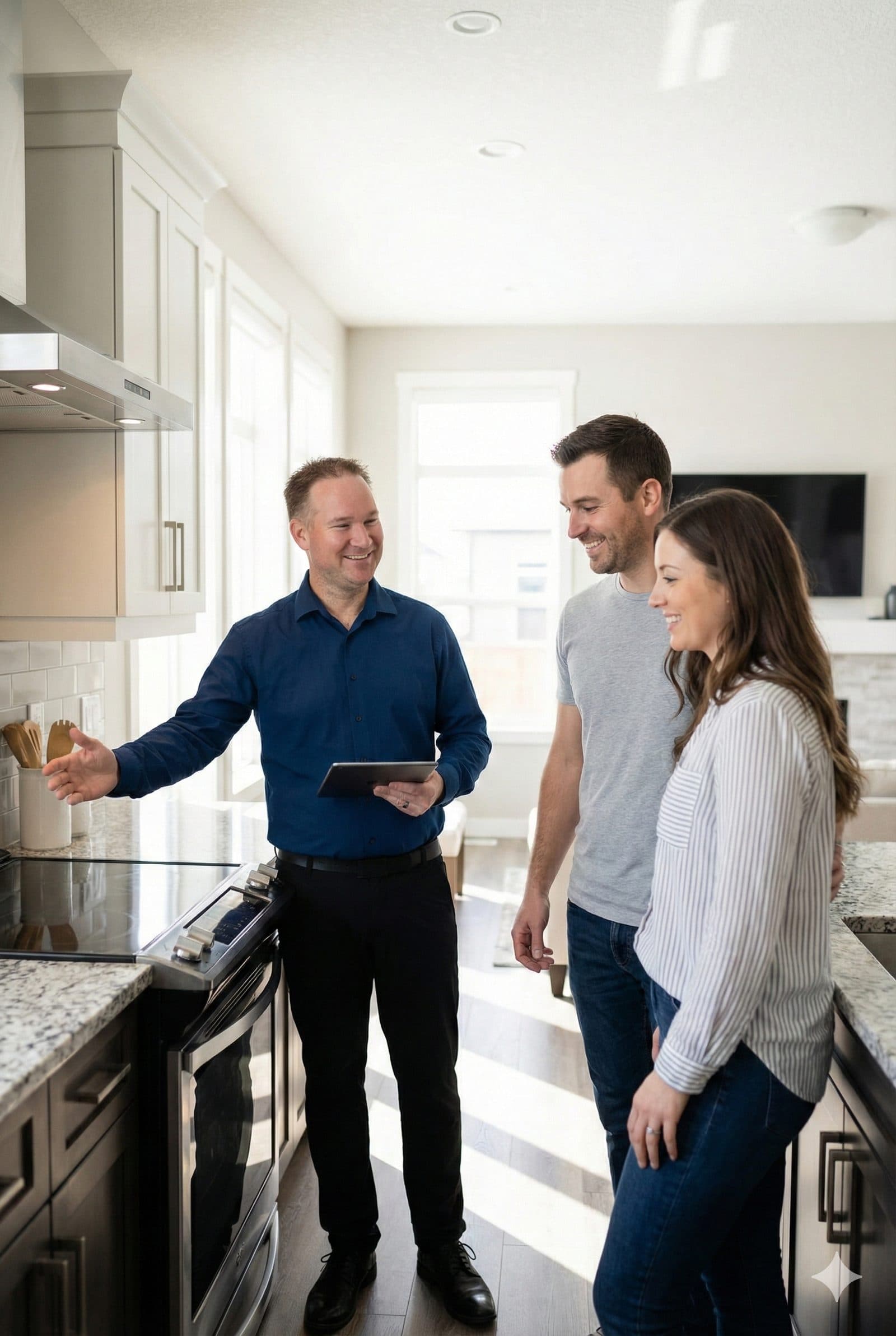 Dave Maund walking clients through a bright kitchen