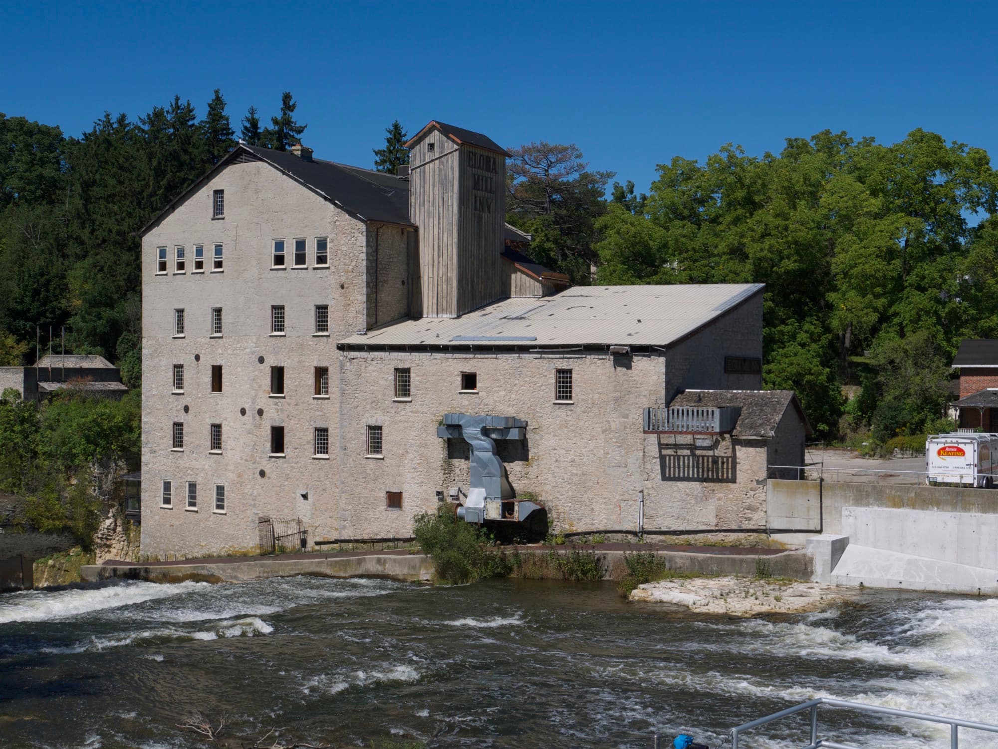 The historic Elora Mill above the rushing Grand River